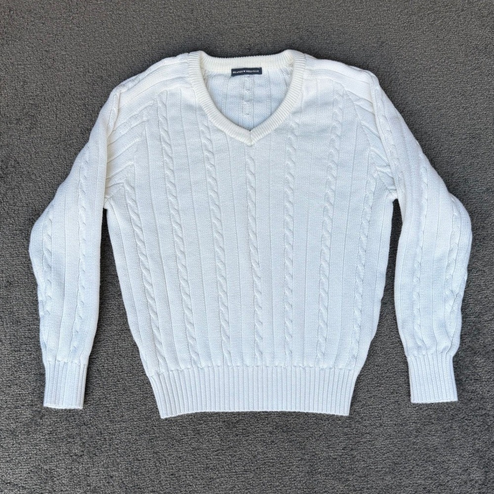 Brandy Melville White Cable Knit V-Neck Sweater MNJ201 One Size Preppy Classic